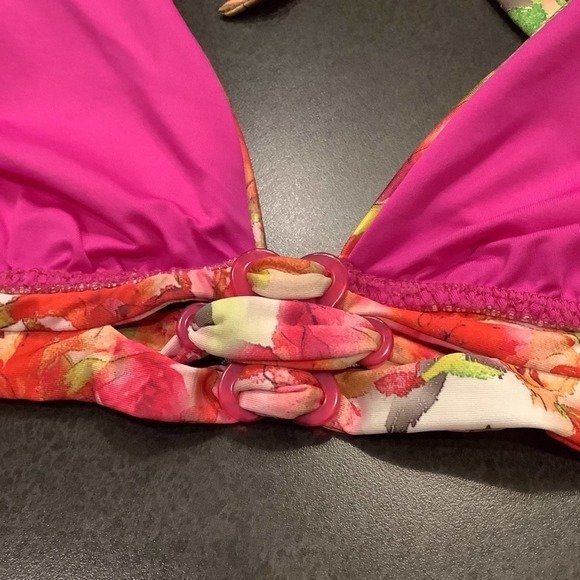 BECCA by Rebecca Virtue Floral Halter Bikini Top Pink Basket Weave Resin Center - Picture 7 of 11